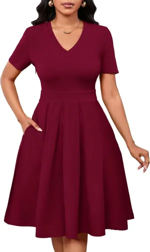Women Summer Short Sleeve Dress V Neck Semi Casual Fit and Flare Church Wedding Guest Work Dresses with Pockets