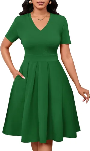 Women Summer Short Sleeve Dress V Neck Semi Casual Fit and Flare Church Wedding Guest Work Dresses with Pockets
