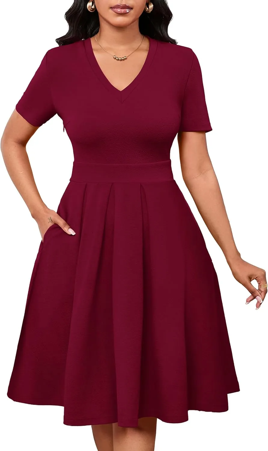 Women Summer Short Sleeve Dress V Neck Semi Casual Fit and Flare Church Wedding Guest Work Dresses with Pockets