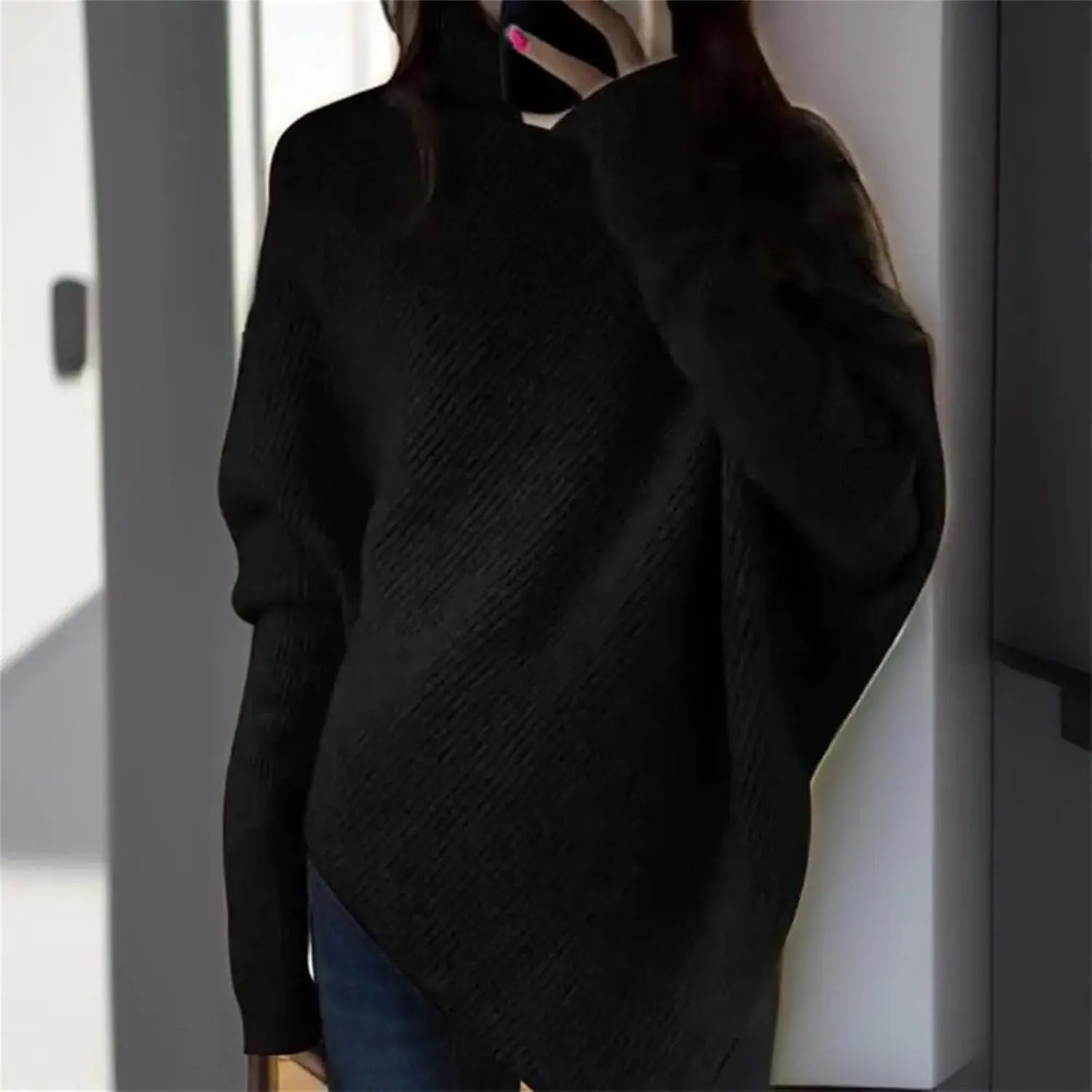Women Turtleneck Sweater Baggy Fashion Pullover Solid Color Thickened Knit Jumper Oversized Sweater