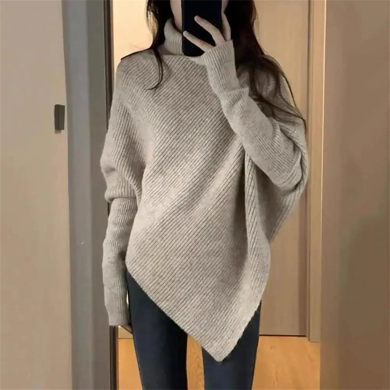 Women Turtleneck Sweater Baggy Fashion Pullover Solid Color Thickened Knit Jumper Oversized Sweater