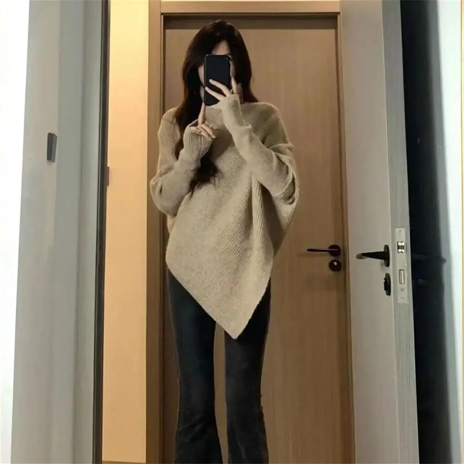 Women Turtleneck Sweater Baggy Fashion Pullover Solid Color Thickened Knit Jumper Oversized Sweater