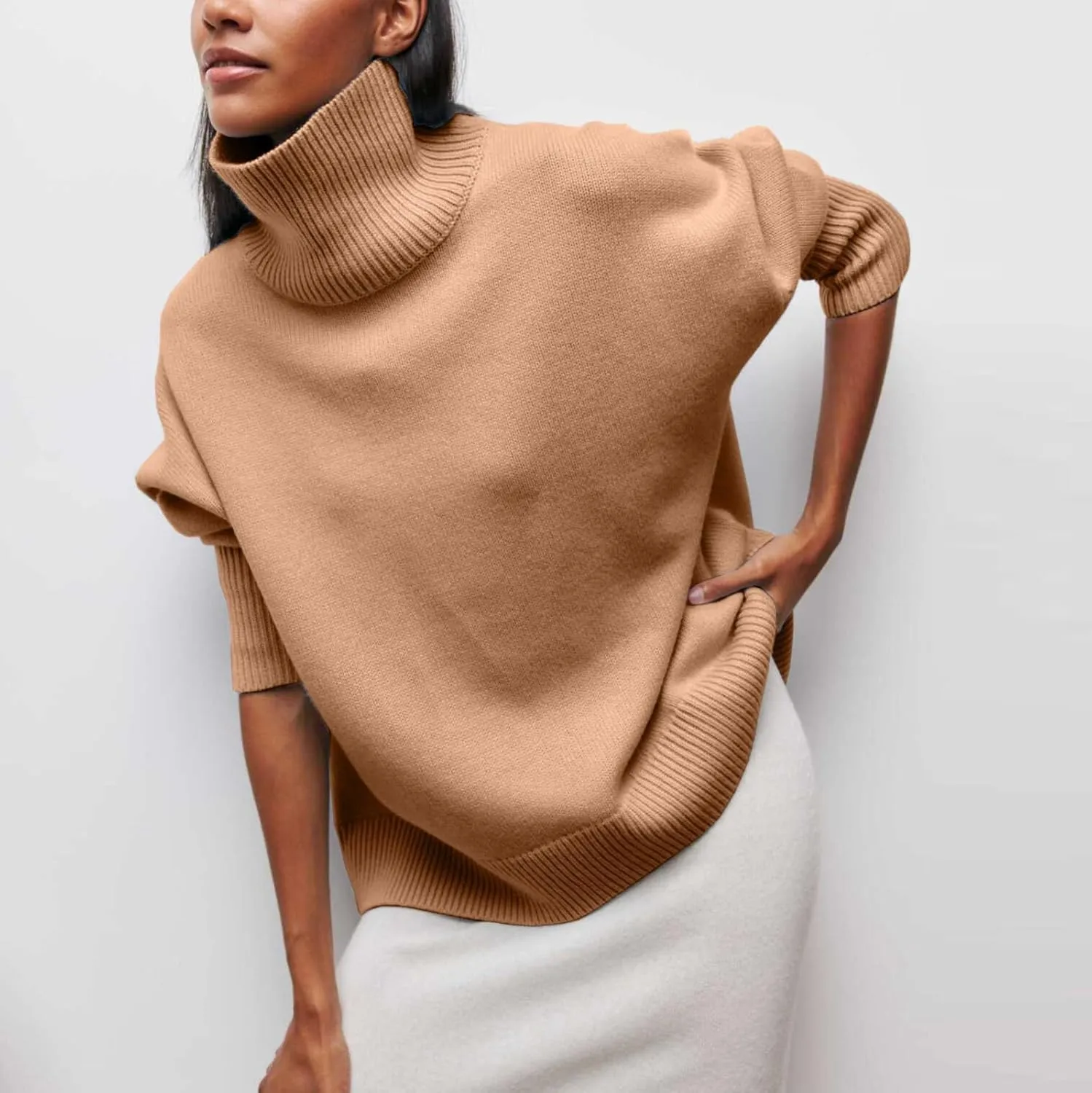 Women Turtleneck Sweater Oversized Chunky Batwing Sleeve Knitted Pullover High Low Hem 2023 Winter Basic Jumper Top