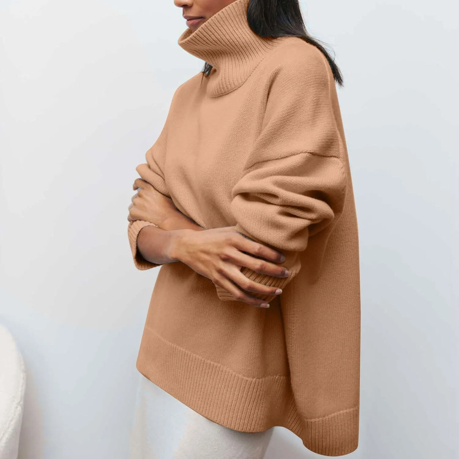 Women Turtleneck Sweater Oversized Chunky Batwing Sleeve Knitted Pullover High Low Hem 2023 Winter Basic Jumper Top