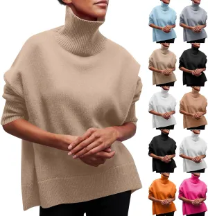 Women Turtleneck Sweater Oversized Chunky Batwing Sleeve Knitted Pullover High Low Hem 2023 Winter Basic Jumper Top