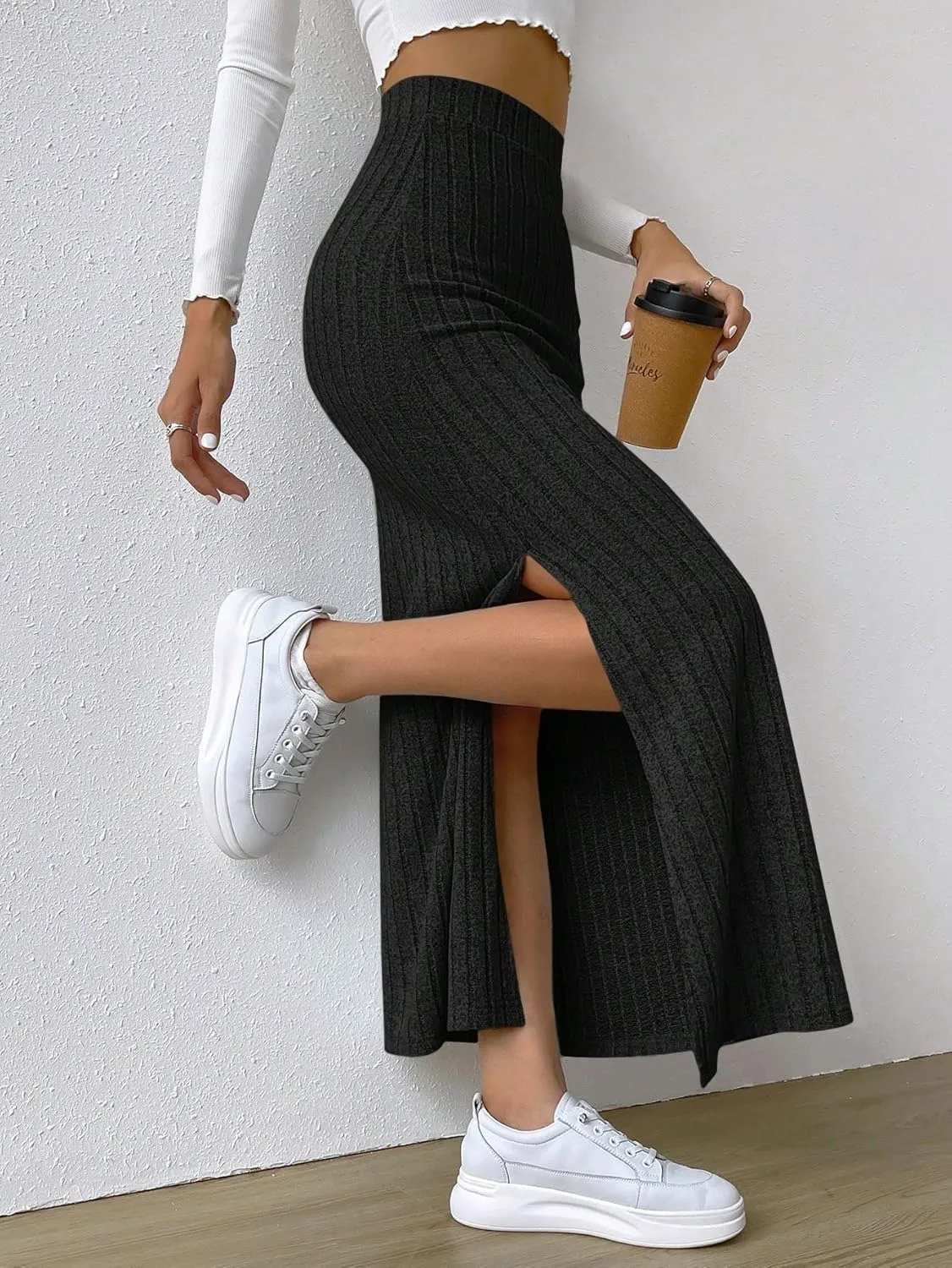 Women's 2025 Casual Maxi Long Skirts Slit Ribbed Knit High Waisted Casual Long Skirts