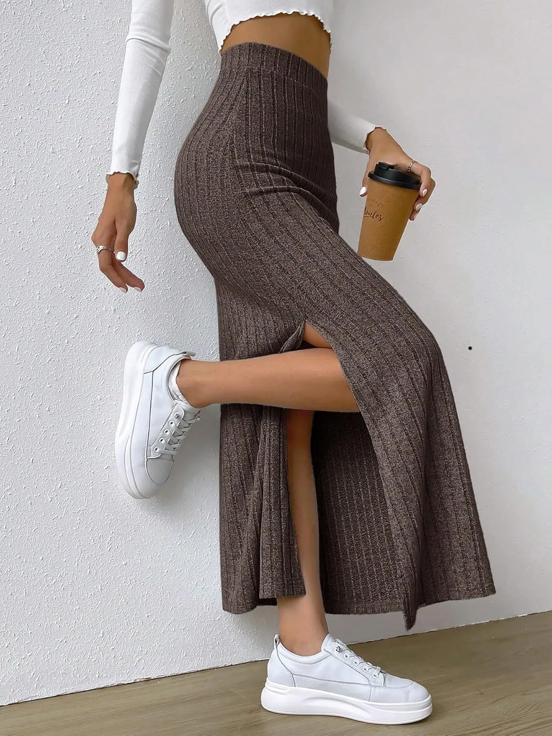 Women's 2025 Casual Maxi Long Skirts Slit Ribbed Knit High Waisted Casual Long Skirts