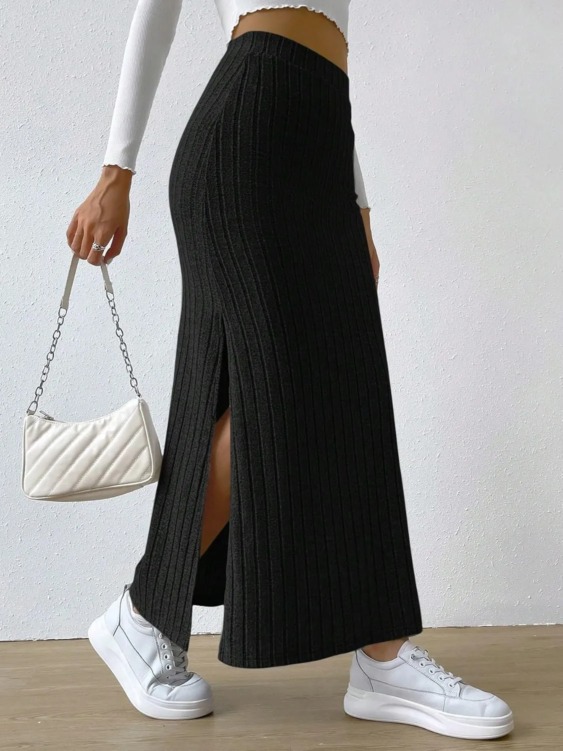 Women's 2025 Casual Maxi Long Skirts Slit Ribbed Knit High Waisted Casual Long Skirts