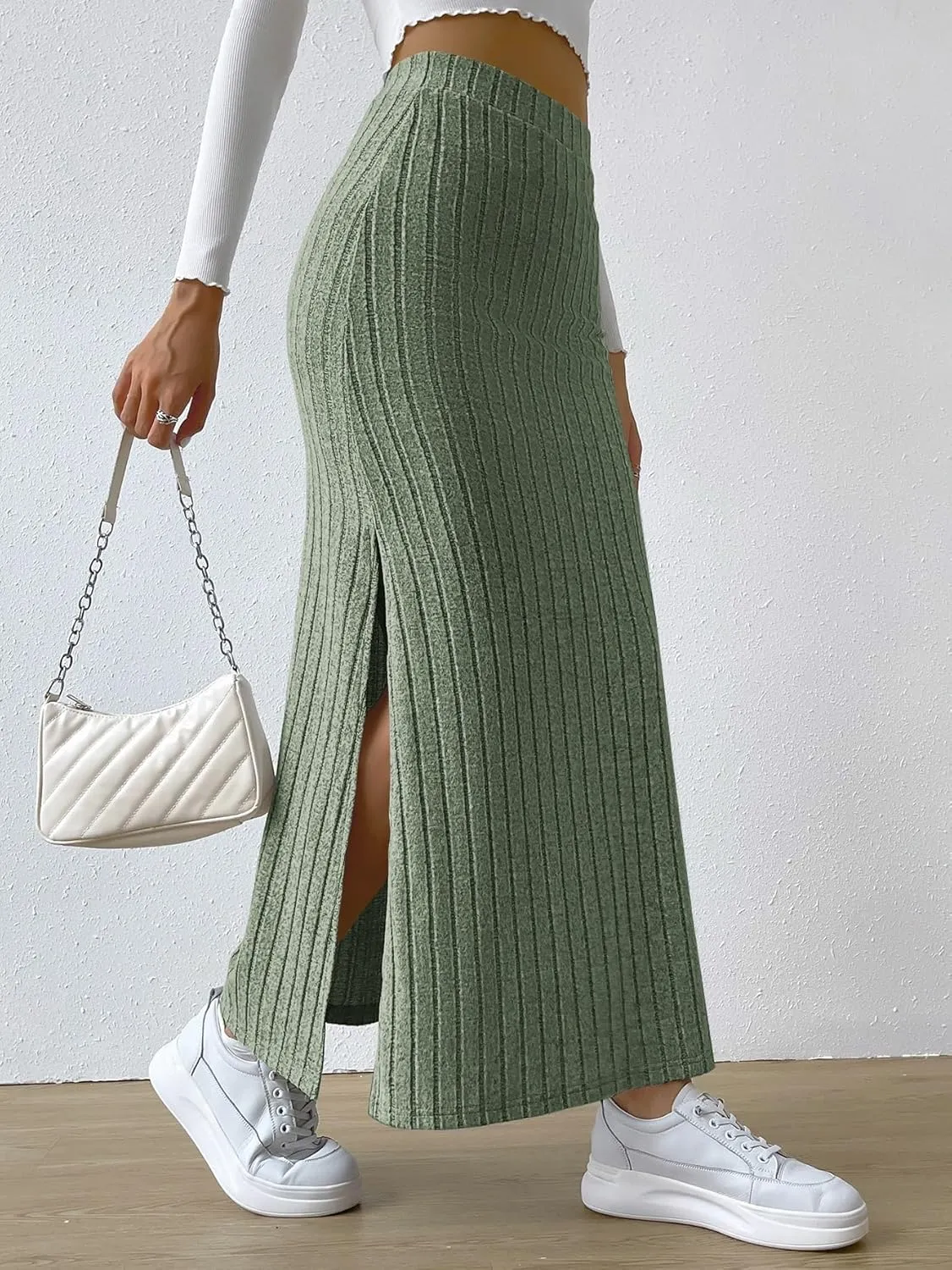 Women's 2025 Casual Maxi Long Skirts Slit Ribbed Knit High Waisted Casual Long Skirts