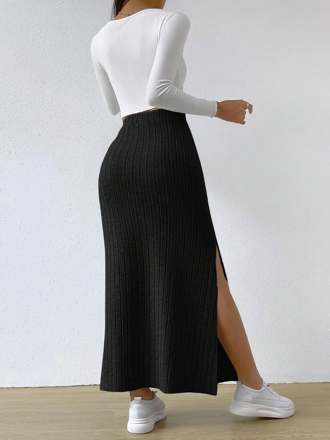 Women's 2025 Casual Maxi Long Skirts Slit Ribbed Knit High Waisted Casual Long Skirts