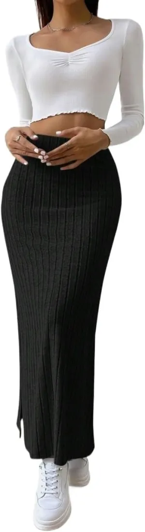 Women's 2025 Casual Maxi Long Skirts Slit Ribbed Knit High Waisted Casual Long Skirts