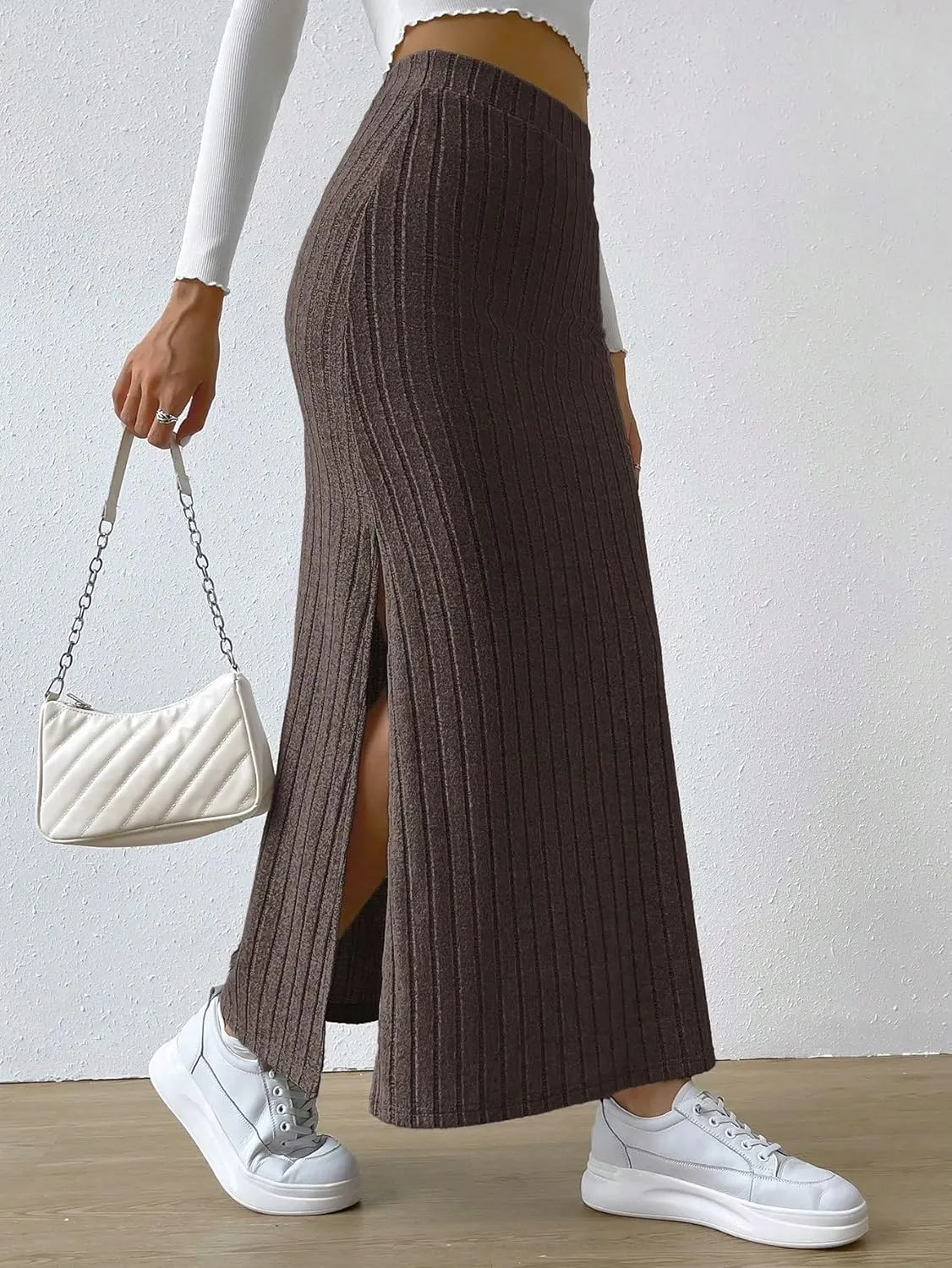 Women's 2025 Casual Maxi Long Skirts Slit Ribbed Knit High Waisted Casual Long Skirts