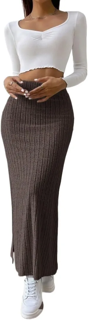 Women's 2025 Casual Maxi Long Skirts Slit Ribbed Knit High Waisted Casual Long Skirts