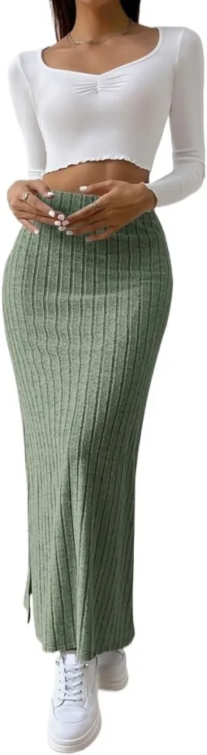 Women's 2025 Casual Maxi Long Skirts Slit Ribbed Knit High Waisted Casual Long Skirts