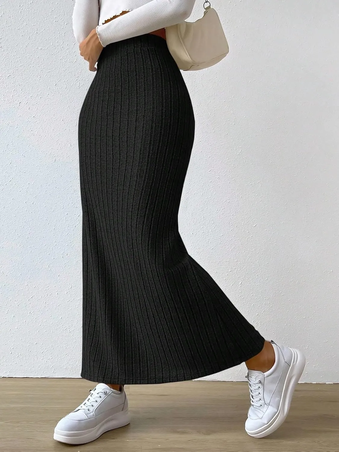 Women's 2025 Casual Maxi Long Skirts Slit Ribbed Knit High Waisted Casual Long Skirts