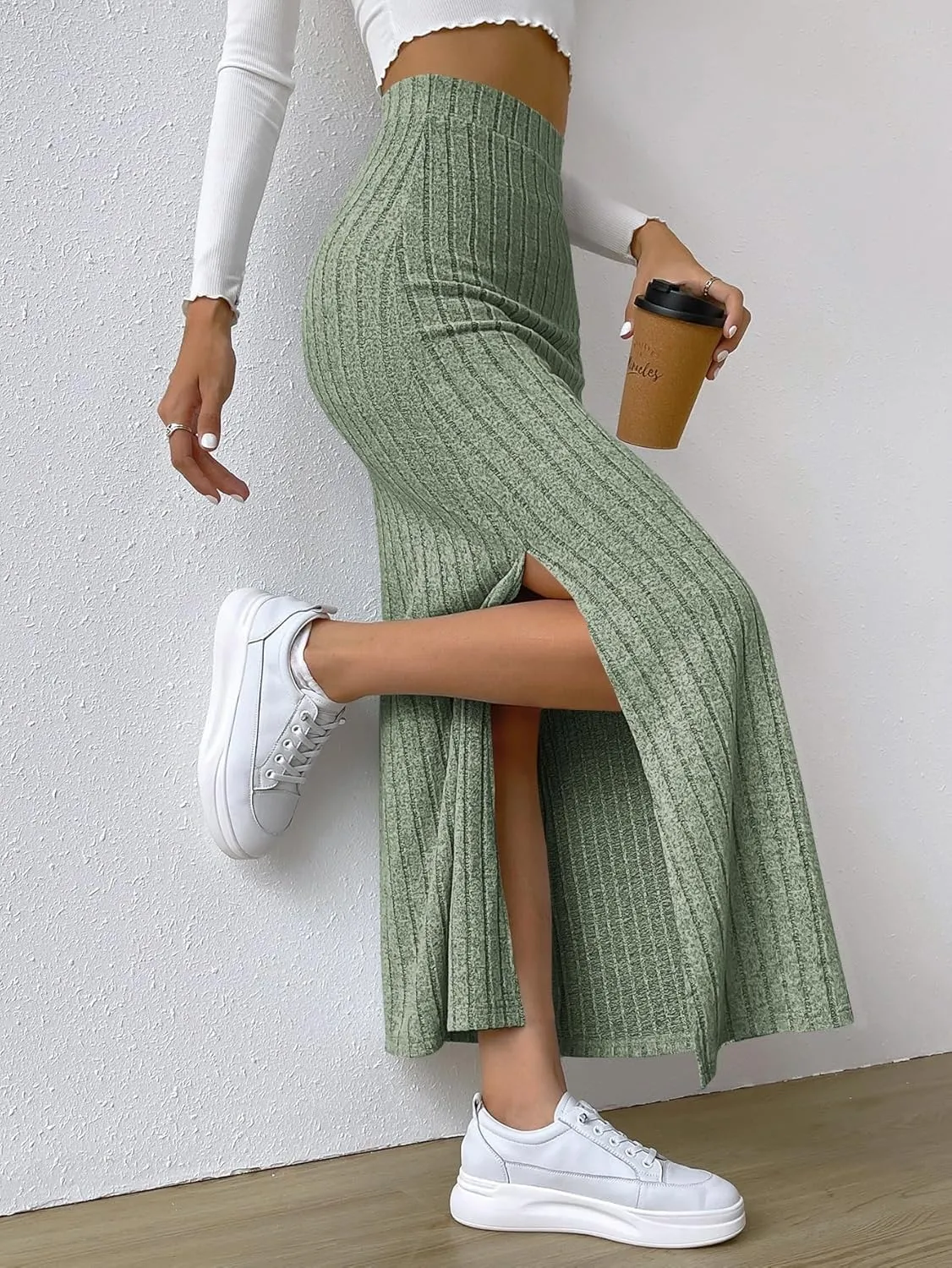 Women's 2025 Casual Maxi Long Skirts Slit Ribbed Knit High Waisted Casual Long Skirts