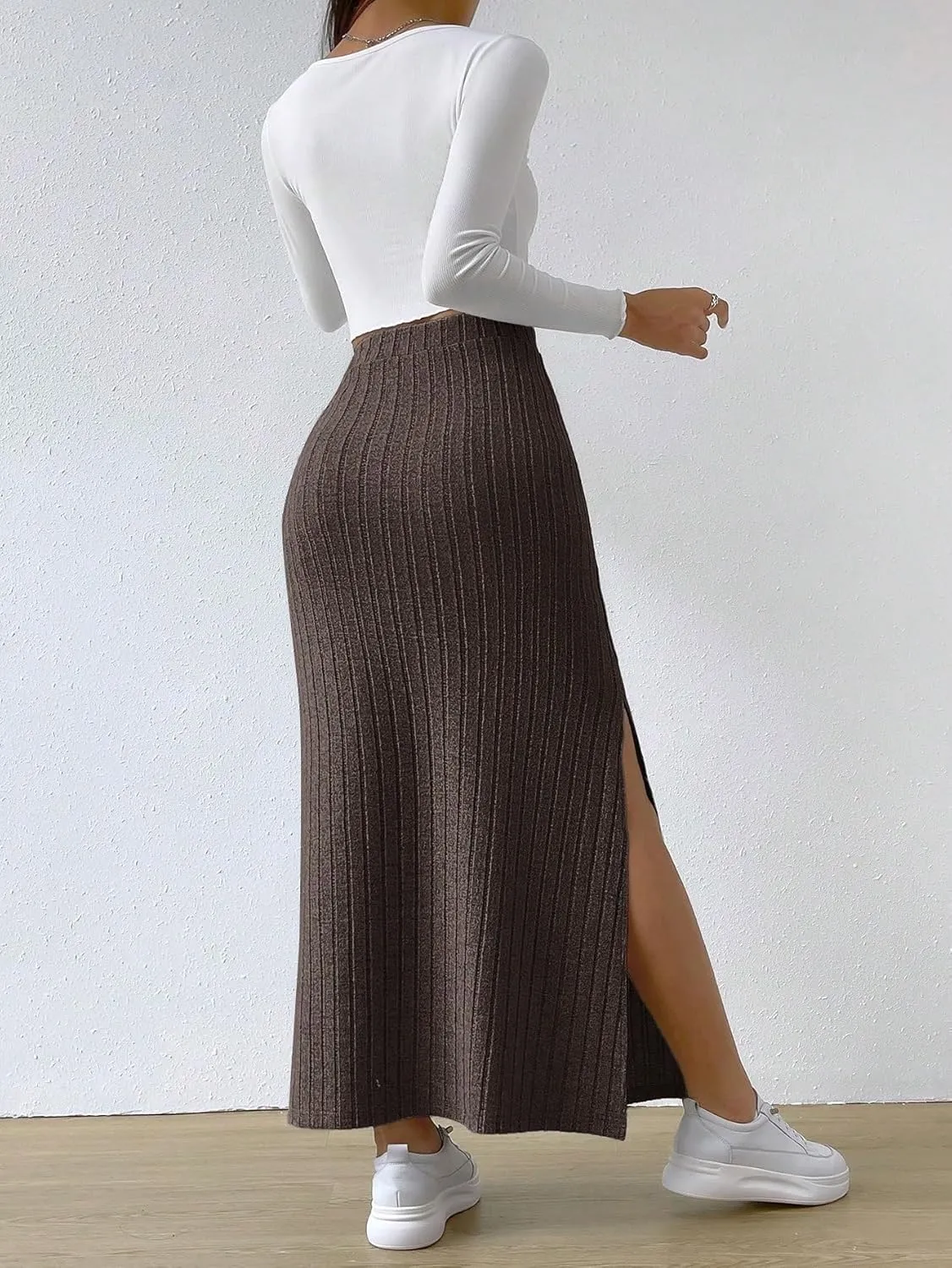 Women's 2025 Casual Maxi Long Skirts Slit Ribbed Knit High Waisted Casual Long Skirts