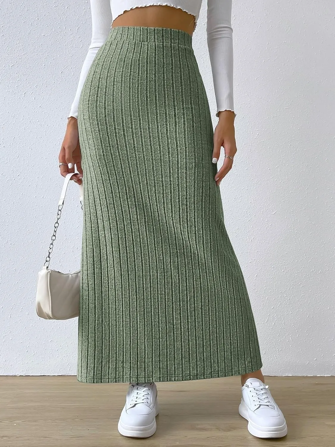 Women's 2025 Casual Maxi Long Skirts Slit Ribbed Knit High Waisted Casual Long Skirts