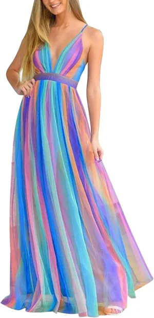 Women's 2025 Summer Dress Sexy Deep V Rainbow Loose Coverup Maxi Dresses Sun Skirt for Women Church Work Dresses