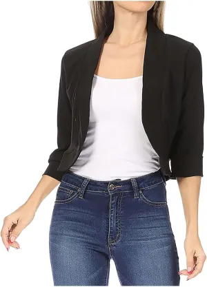 Womens 3/4 Sleeve Blazers Casual Open Front Cardigan Jackets Lightweight Collarless Cropped Work Office Blazer