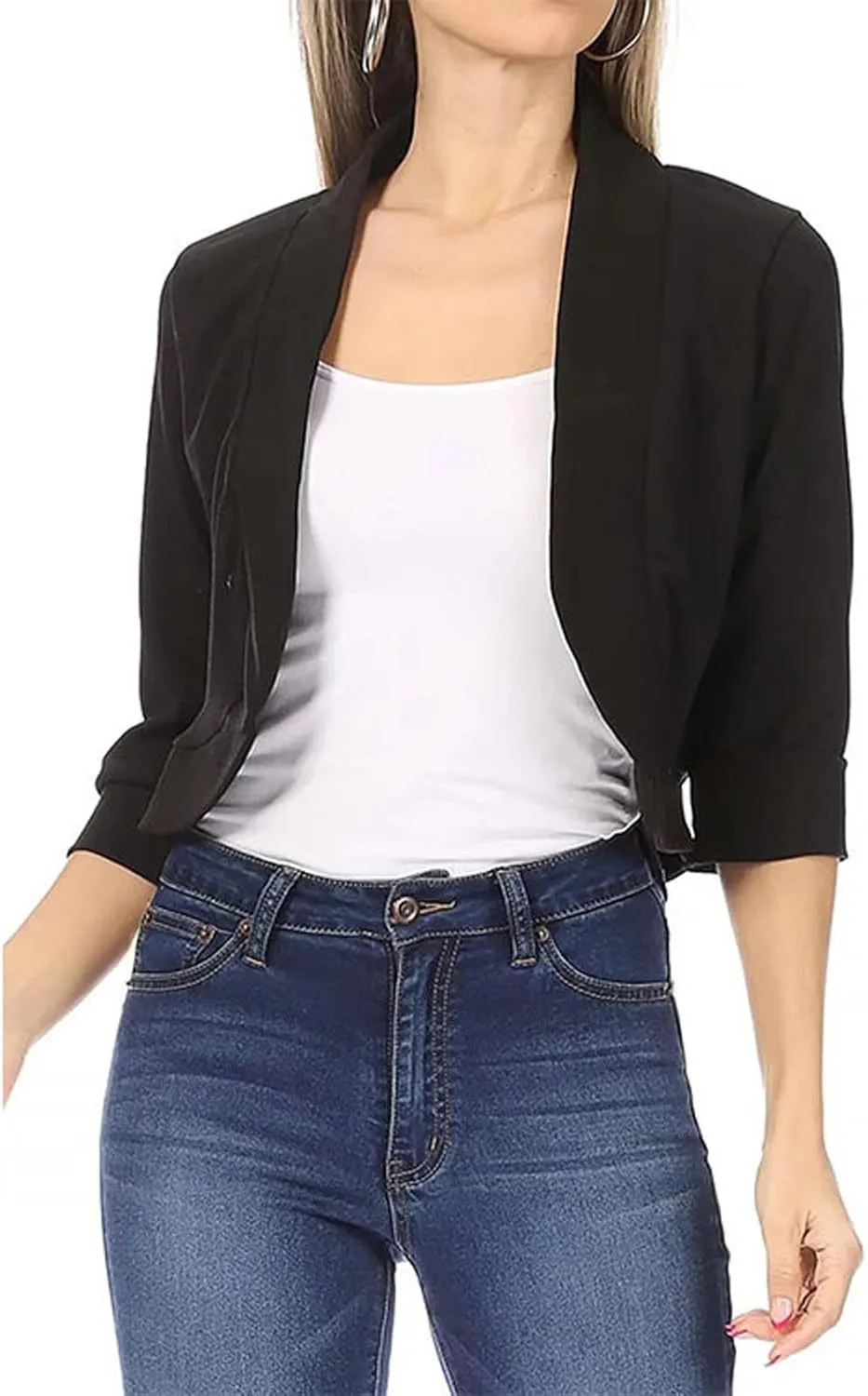 Womens 3/4 Sleeve Blazers Casual Open Front Cardigan Jackets Lightweight Collarless Cropped Work Office Blazer