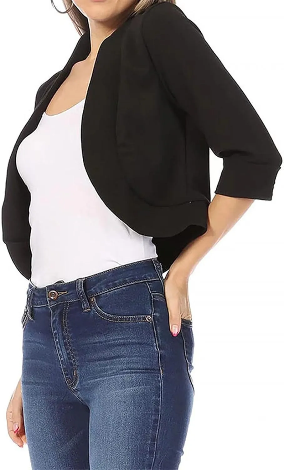 Womens 3/4 Sleeve Blazers Casual Open Front Cardigan Jackets Lightweight Collarless Cropped Work Office Blazer