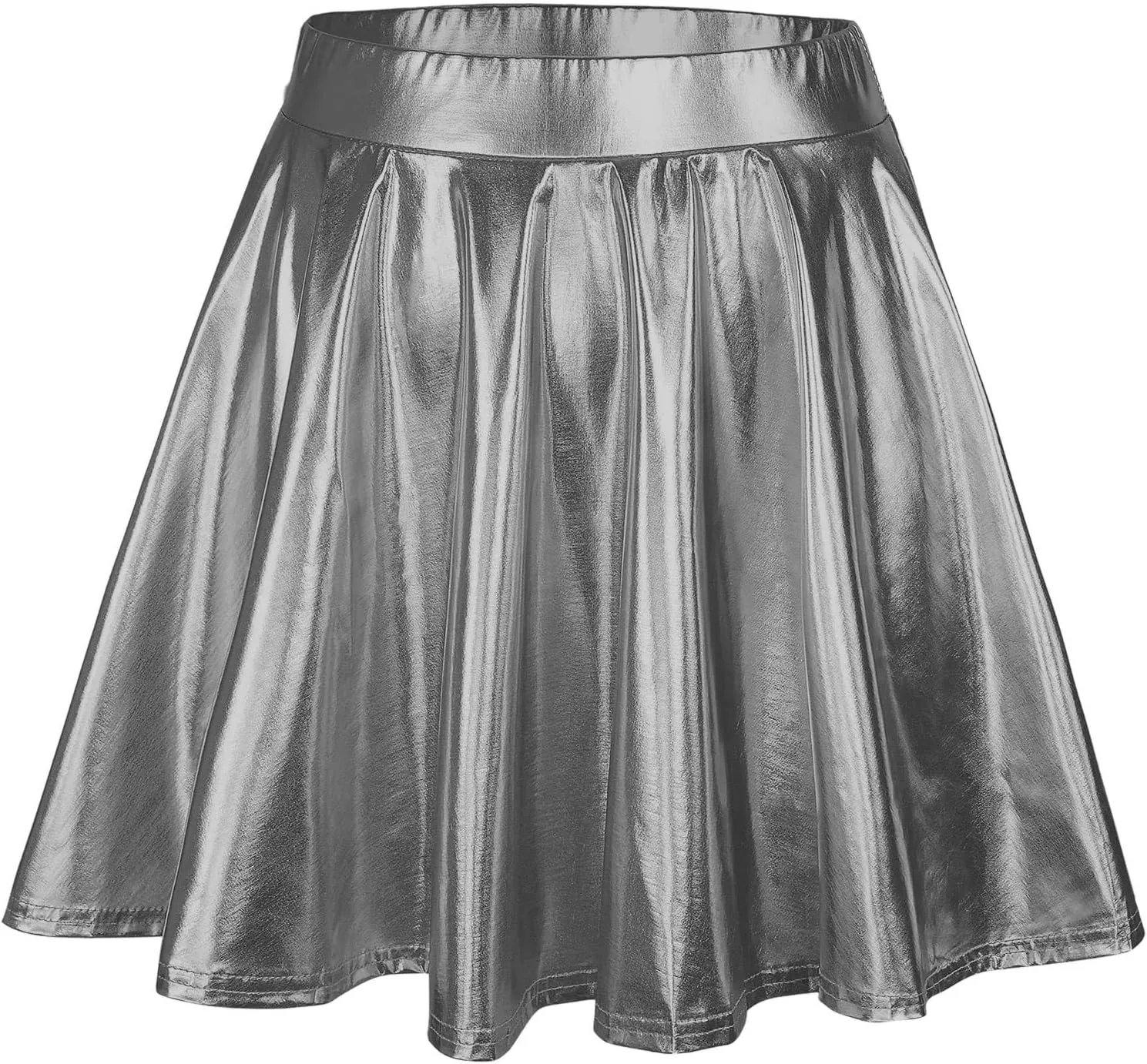 Womens Basic Versatile Mini Skirts Casual Stretchy Flared Skater Skirt Fashion Sexy Solid Pleated Skirt Shiny Skirts