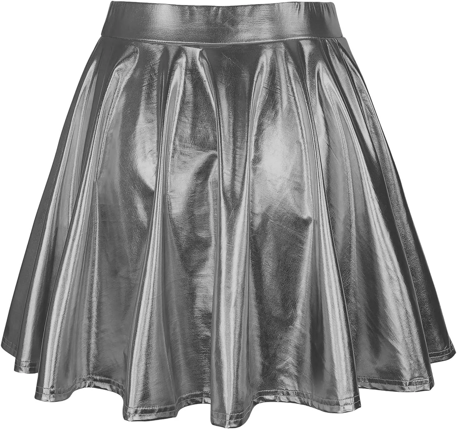 Womens Basic Versatile Mini Skirts Casual Stretchy Flared Skater Skirt Fashion Sexy Solid Pleated Skirt Shiny Skirts