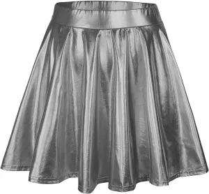 Womens Basic Versatile Mini Skirts Casual Stretchy Flared Skater Skirt Fashion Sexy Solid Pleated Skirt Shiny Skirts