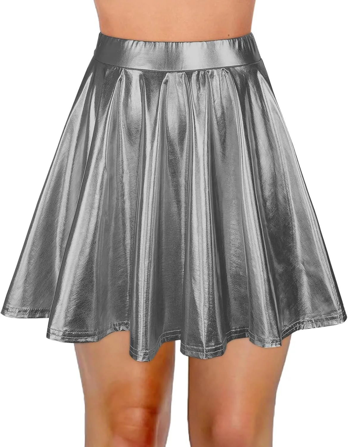 Womens Basic Versatile Mini Skirts Casual Stretchy Flared Skater Skirt Fashion Sexy Solid Pleated Skirt Shiny Skirts