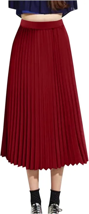 Women's Beach Vacation Clothes Summer Casual Loose Trendy Elastic High Waist Solid Color Pleated Midi Skirts, S-XL