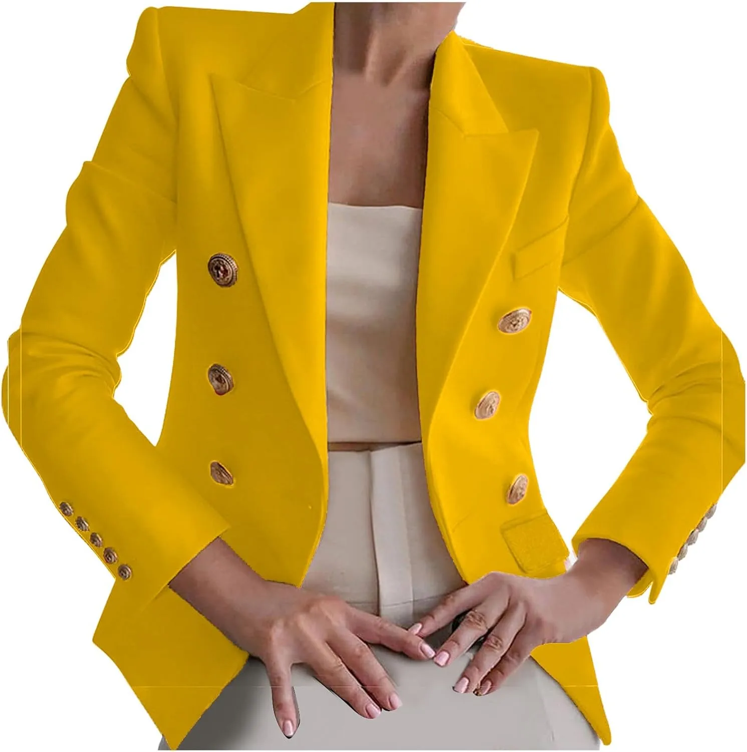 Women's Blazer Gold Casual Button Long Sleeve Work 0ffice Blazer Lightweight Open Front Lapel Jackets Trendy Clothes