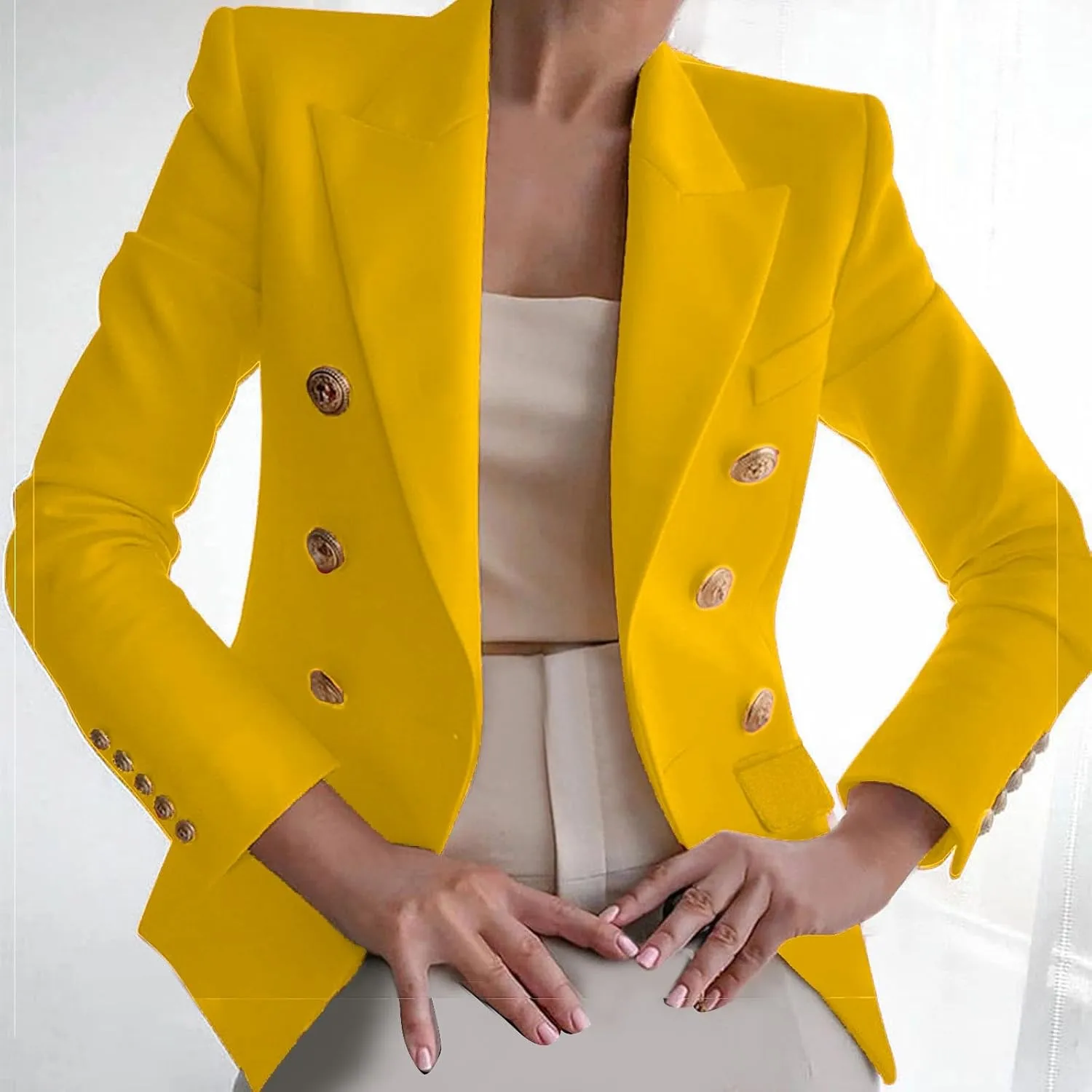 Women's Blazer Gold Casual Button Long Sleeve Work 0ffice Blazer Lightweight Open Front Lapel Jackets Trendy Clothes