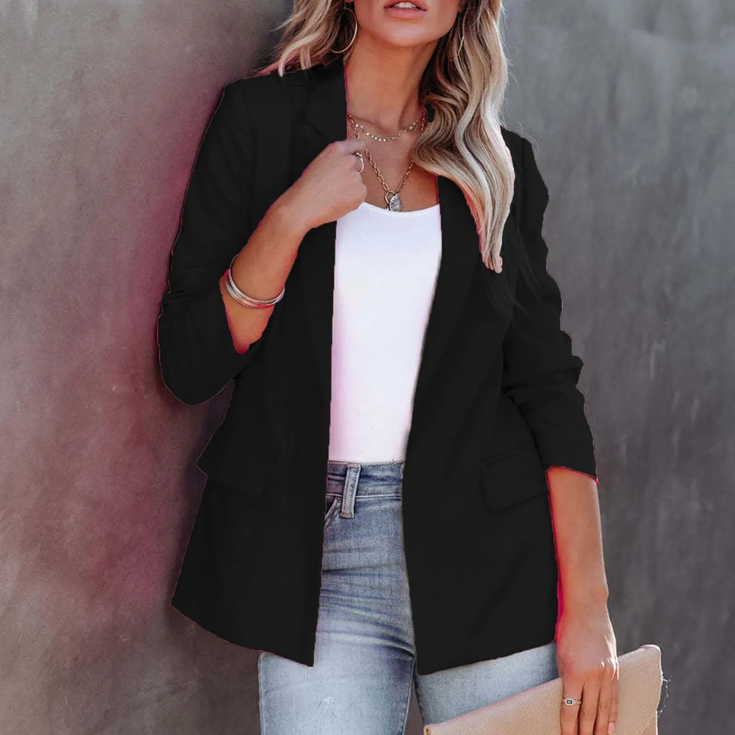 Womens Blazer Jackets Business Casual Long Sleeve Open Front Work Office Blazers Notch Collar Button Suit Jackets