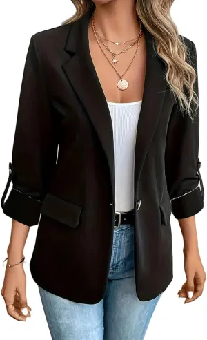 Womens Blazers Casual Lapel One Button Open Front 3/4 Sleeve Jackets Business Lightweight Plain Office Suit Jackets