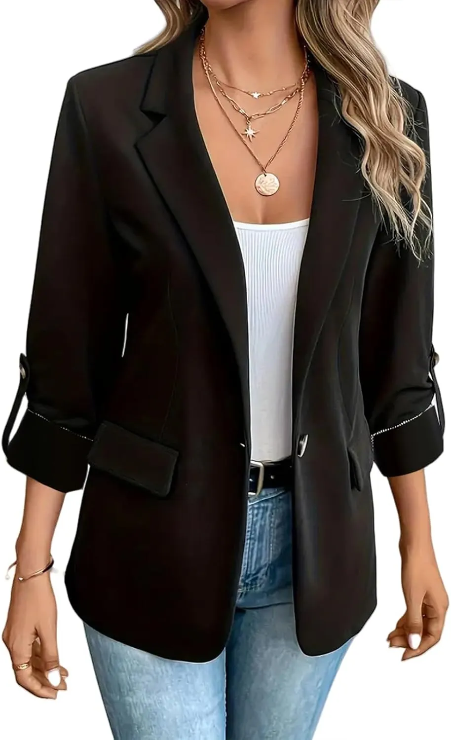 Womens Blazers Casual Lapel One Button Open Front 3/4 Sleeve Jackets Business Lightweight Plain Office Suit Jackets