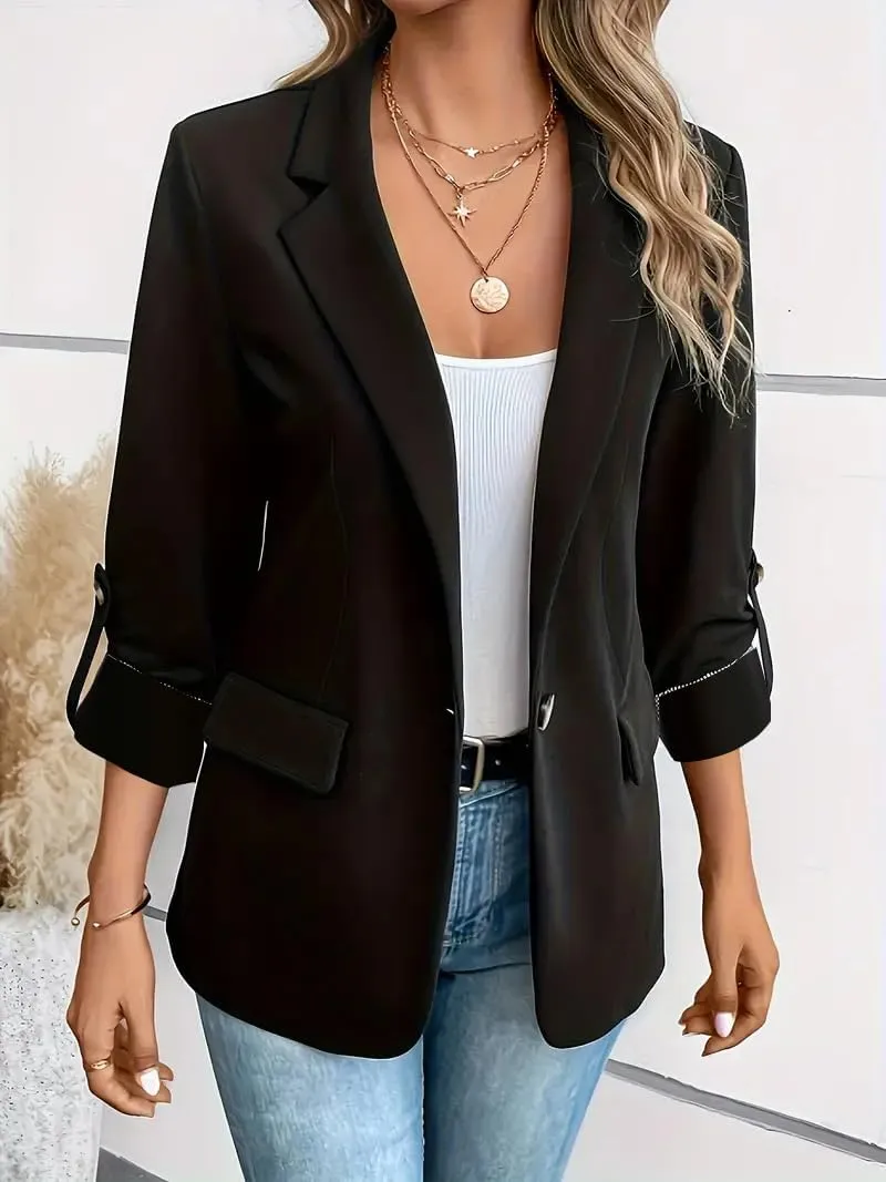 Womens Blazers Casual Lapel One Button Open Front 3/4 Sleeve Jackets Business Lightweight Plain Office Suit Jackets