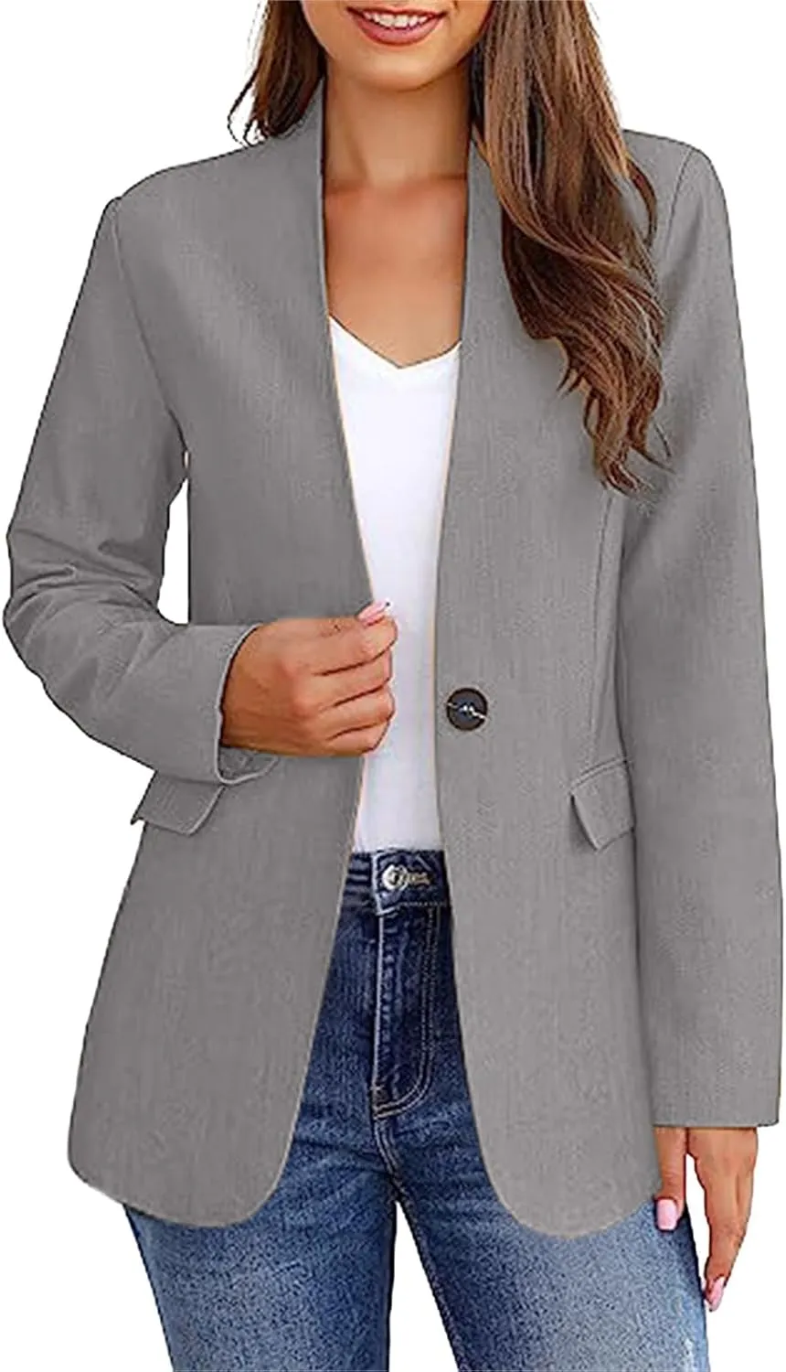 Womens Blazers for Work Casual Lapel Collar Long Sleeve Jackets One Button Dressy Blazers Business Office Outwear