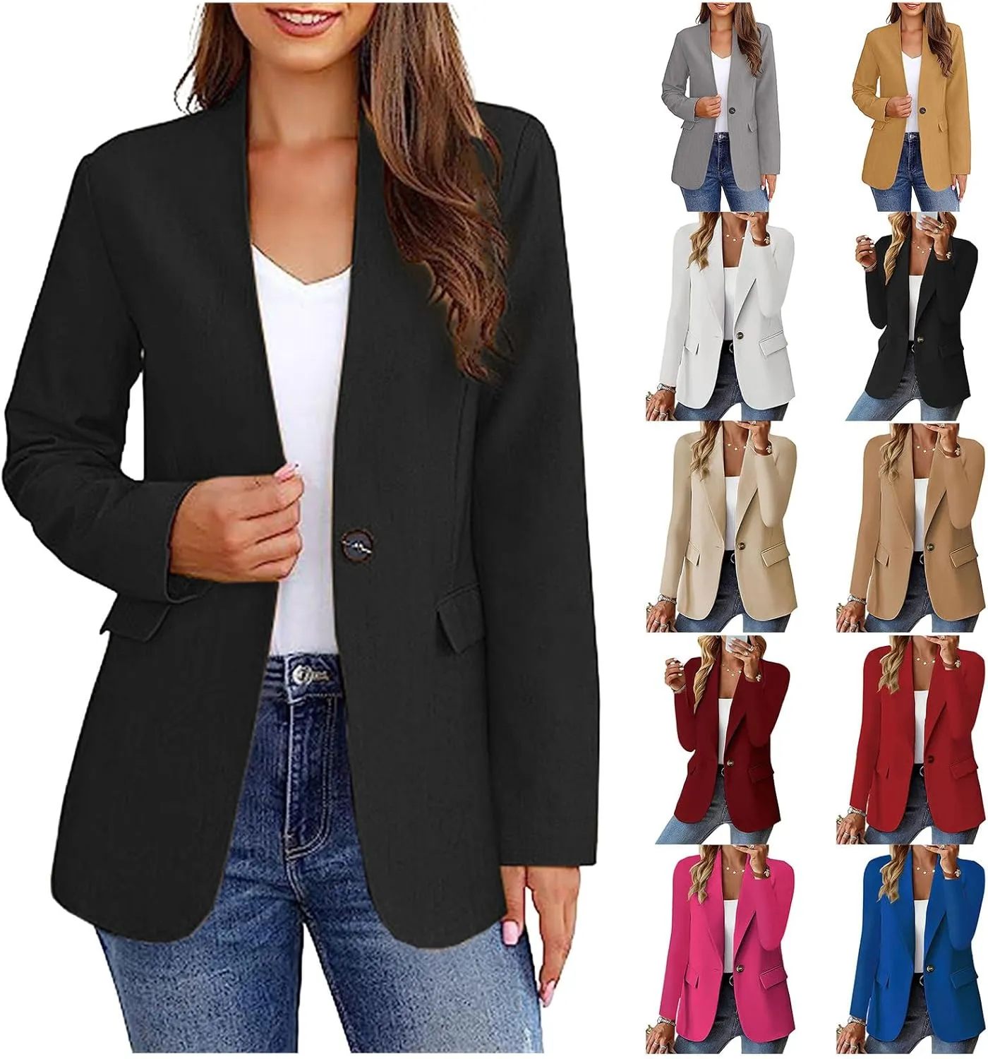 Womens Blazers for Work Casual Lapel Collar Long Sleeve Jackets One Button Dressy Blazers Business Office Outwear