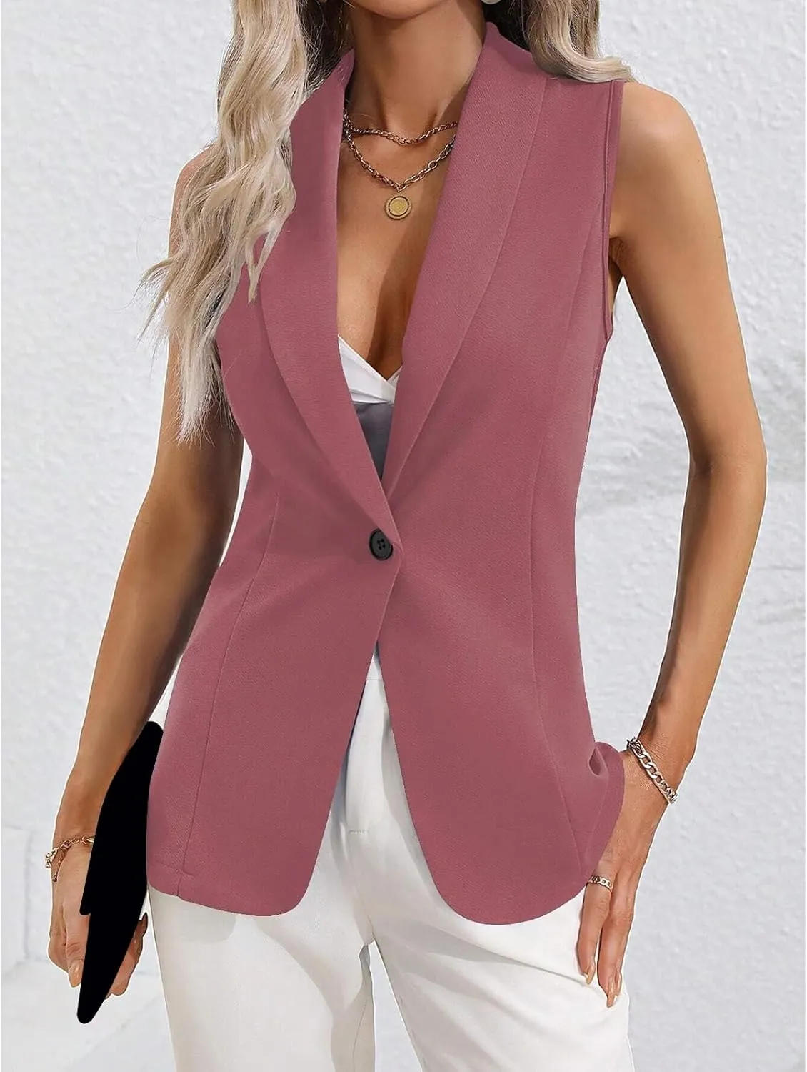 Womens Blazers for Work Casual Lapel One Button Sleeveless Jackets Business Loose Open Front Work Office Suit Vests