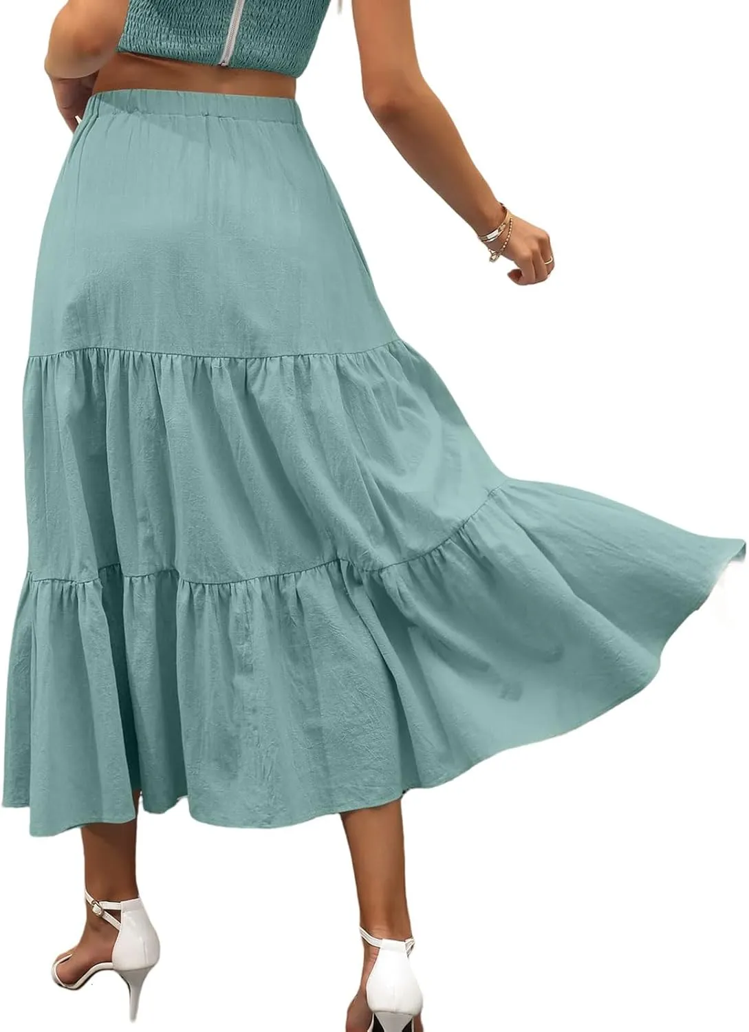 Womens Boho Bohemian Flowy Midi Long Summer Skirts Plus Size Elastic Waist Maxi Skirt Pleated Long Beach Dress