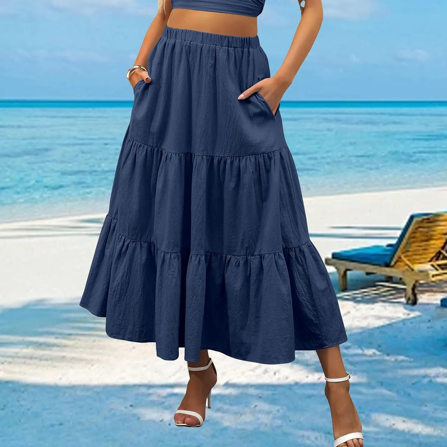Womens Boho Bohemian Flowy Midi Long Summer Skirts Plus Size Elastic Waist Maxi Skirt Pleated Long Beach Dress