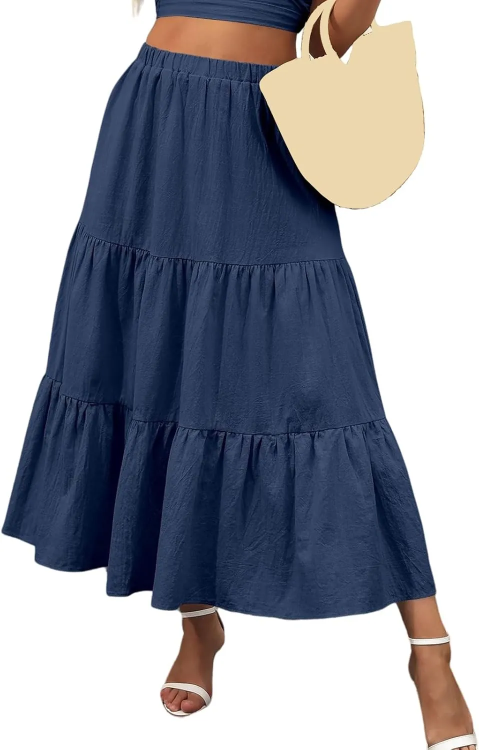 Womens Boho Bohemian Flowy Midi Long Summer Skirts Plus Size Elastic Waist Maxi Skirt Pleated Long Beach Dress