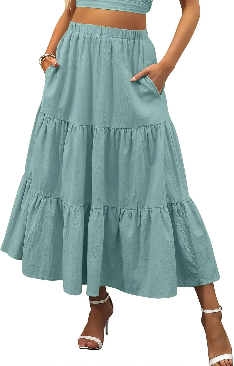 Womens Boho Bohemian Flowy Midi Long Summer Skirts Plus Size Elastic Waist Maxi Skirt Pleated Long Beach Dress