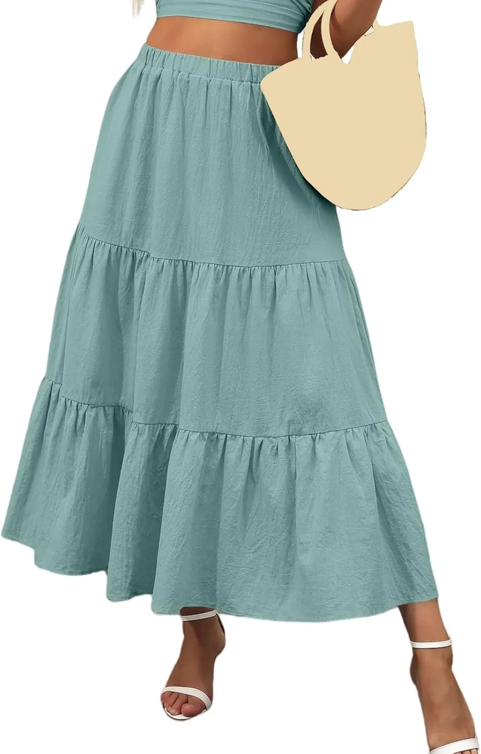 Womens Boho Bohemian Flowy Midi Long Summer Skirts Plus Size Elastic Waist Maxi Skirt Pleated Long Beach Dress