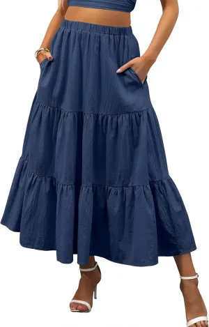 Womens Boho Bohemian Flowy Midi Long Summer Skirts Plus Size Elastic Waist Maxi Skirt Pleated Long Beach Dress