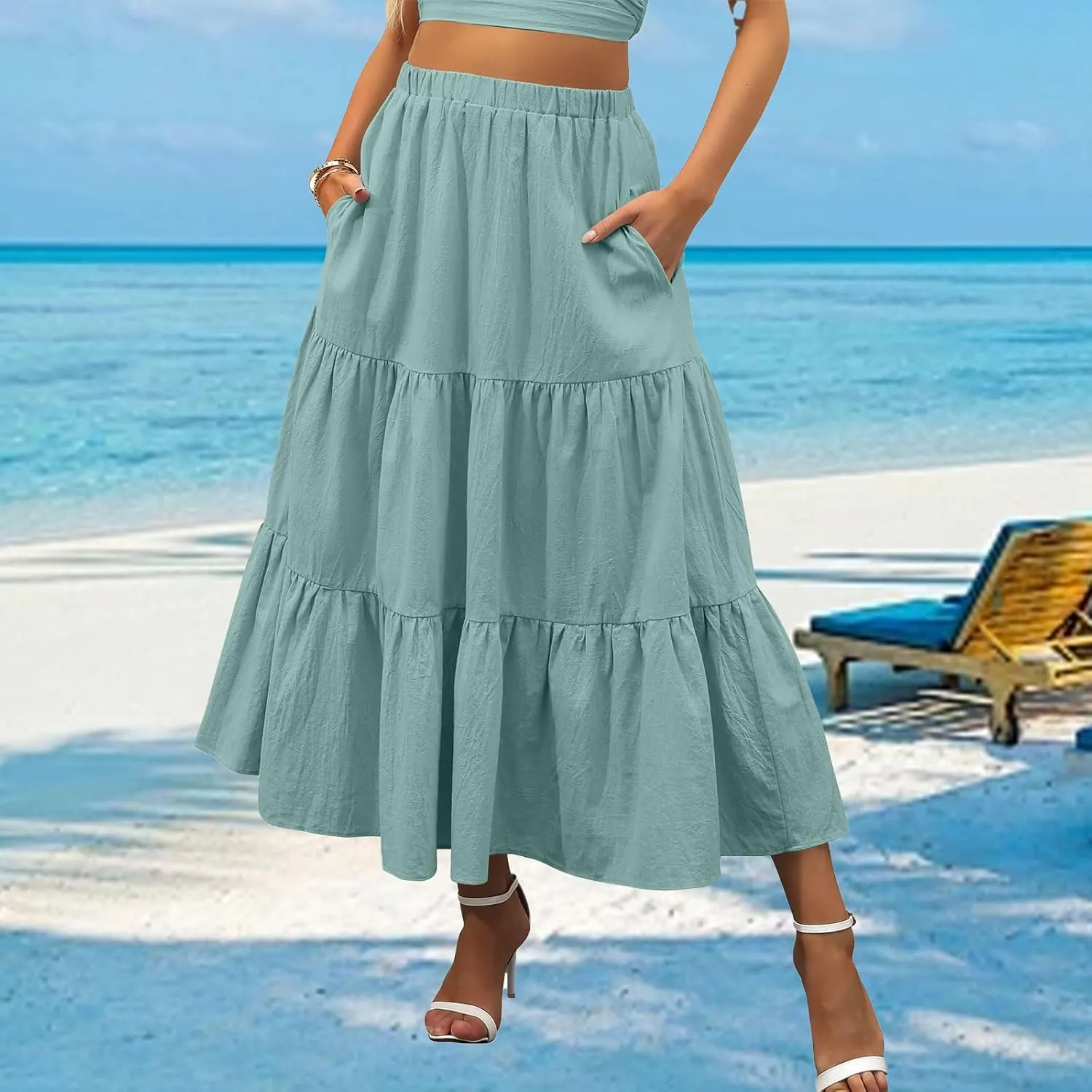 Womens Boho Bohemian Flowy Midi Long Summer Skirts Plus Size Elastic Waist Maxi Skirt Pleated Long Beach Dress