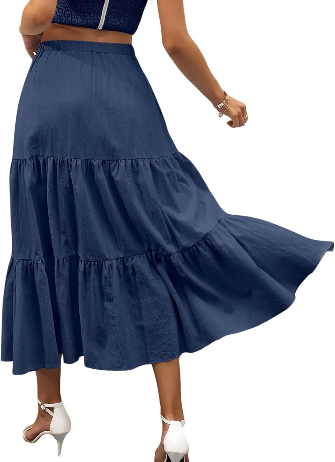 Womens Boho Bohemian Flowy Midi Long Summer Skirts Plus Size Elastic Waist Maxi Skirt Pleated Long Beach Dress
