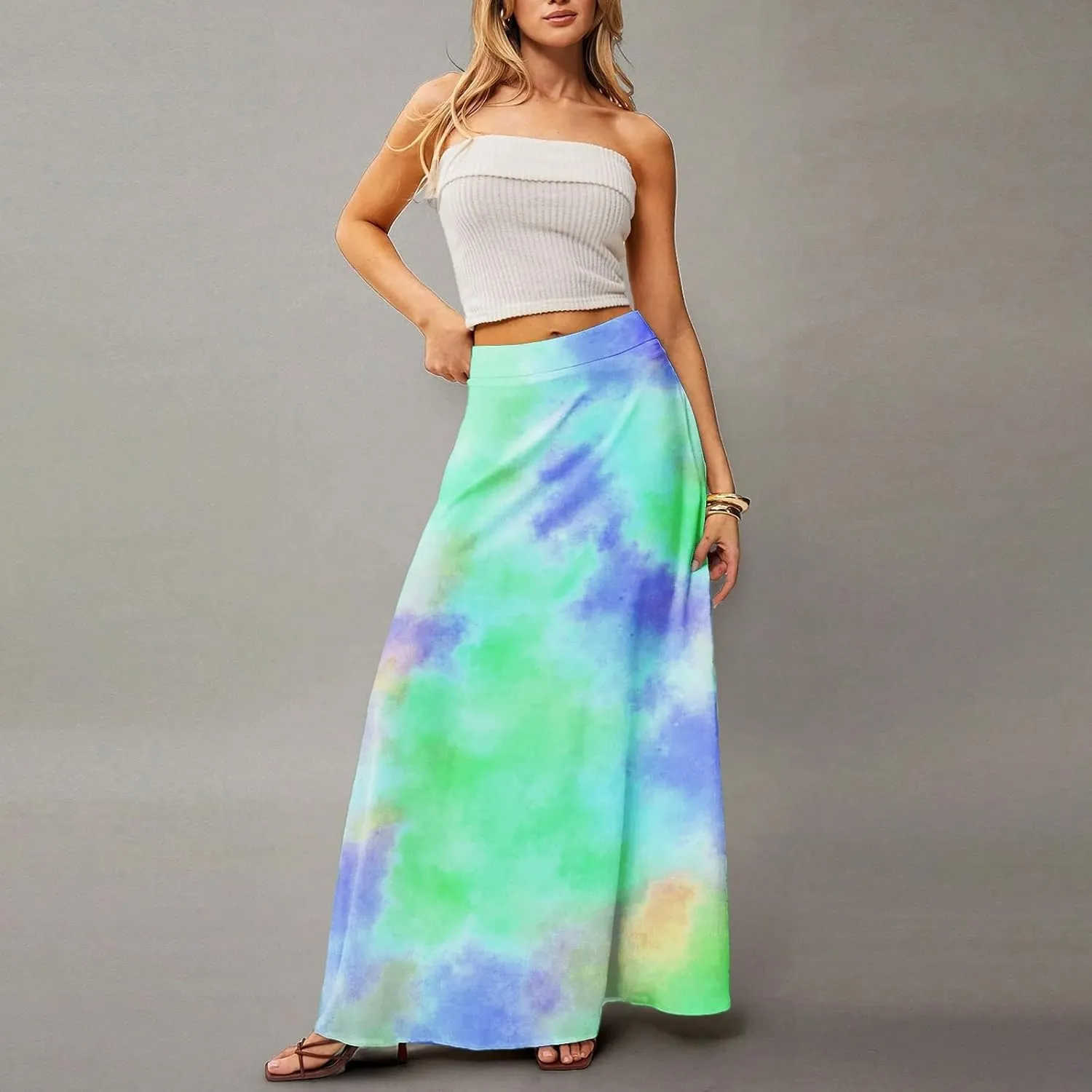 Women's Boho Dresses 2025 Floral Skirt Casual Elastic High Waist Maxi Skirts Flowy A Line Beach Long Skirt, S-2XL