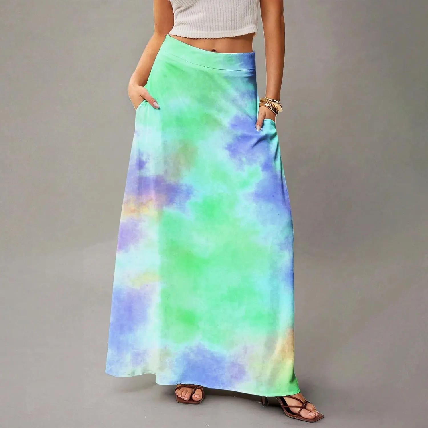 Women's Boho Dresses 2025 Floral Skirt Casual Elastic High Waist Maxi Skirts Flowy A Line Beach Long Skirt, S-2XL